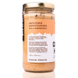 Raw Honey Project Cookie Dough Honey jar back view showing brand story, unfiltered claim, and founder signature.