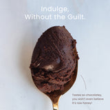 Spoon with chocolate raw honey on a light background, text 'Indulge, Without the Guilt.'