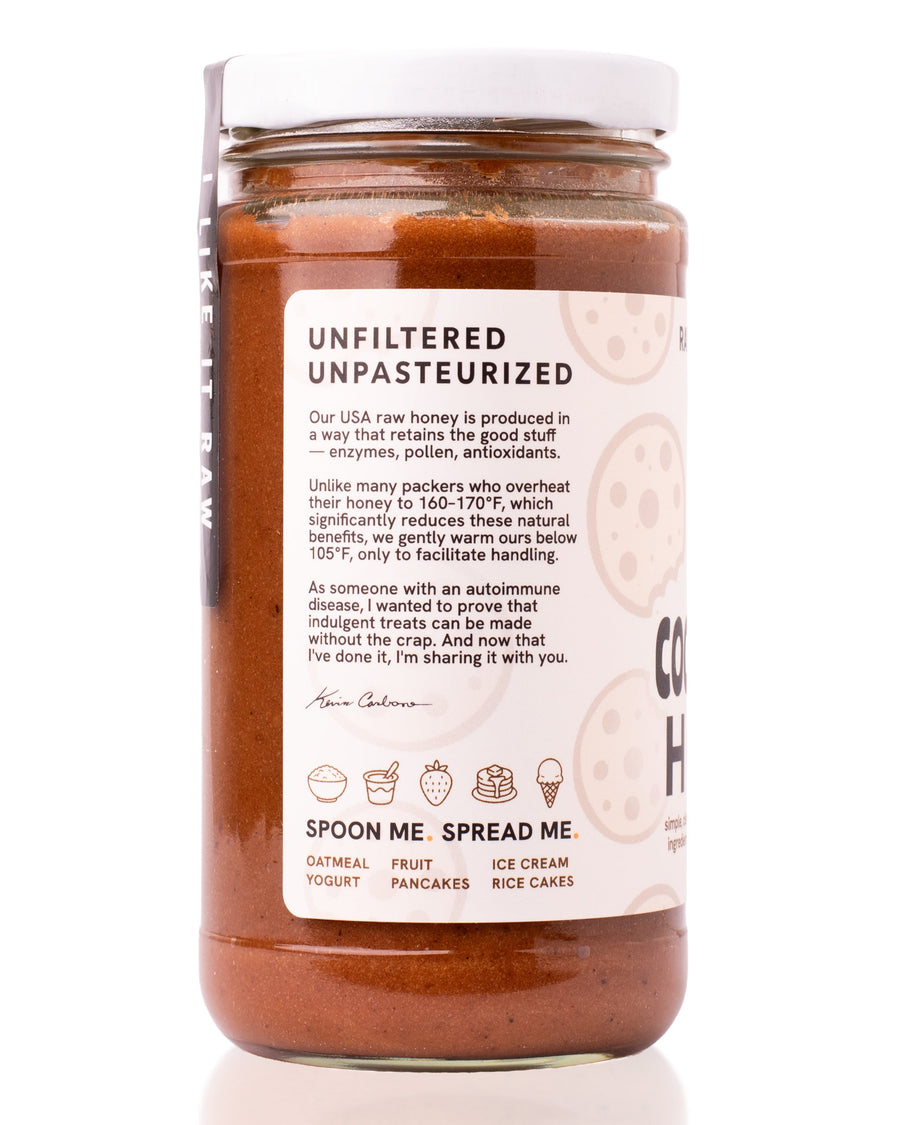 Side panel of Raw Honey Project Cookie Dough Honey jar. Text reads 