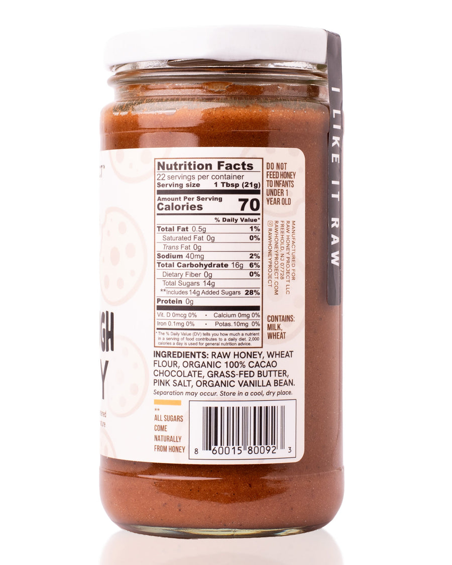 Nutrition and ingredients panel of Raw Honey Project Cookie Dough Honey jar, showing Nutrition Facts, ingredient list, allergen info, and barcode.