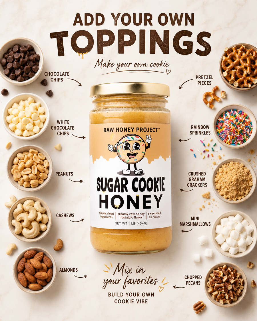 Jar of Sugar Cookie Honey with various toppings on a light background