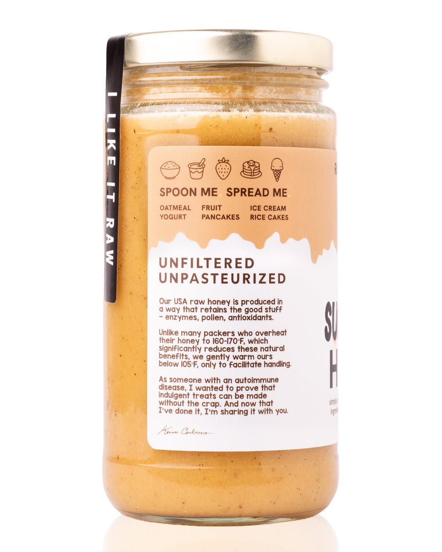 Side panel of Raw Honey Project Sugar Cookie Honey jar. Text reads 