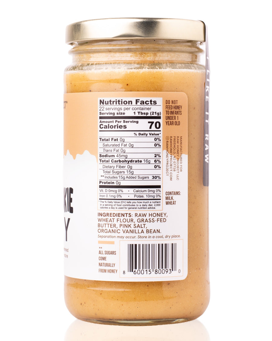Nutrition and ingredients panel of Raw Honey Project Sugar Cookie Honey jar, showing Nutrition Facts, ingredient list, allergen info, and barcode.