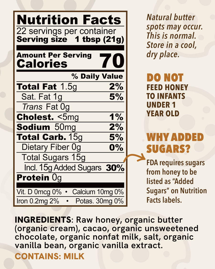 Nutrition facts label for a natural butter product, showing serving size 1 tbsp (21g), calories, nutrients, ingredients list, and usage notes on a beige background with faint floral outlines.